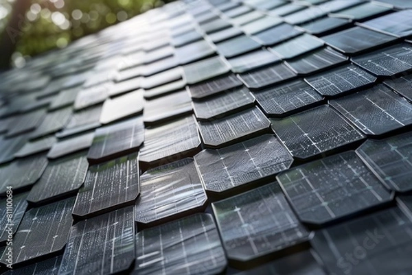 Obraz Detailed photograph of solar-powered roof tiles, highlighting the potential for decentralized energy generation and reduced carbon footprint.