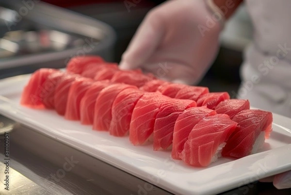 Fototapeta Master chef skillfully arranging fresh tuna nigiri on a serving platter, exemplifying precision and attention to detail in sushi craftsmanship.