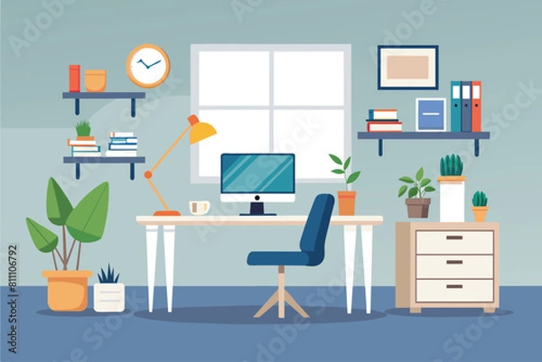 Fototapeta A serene home office with lush green plants and a sleek desk, AI generated