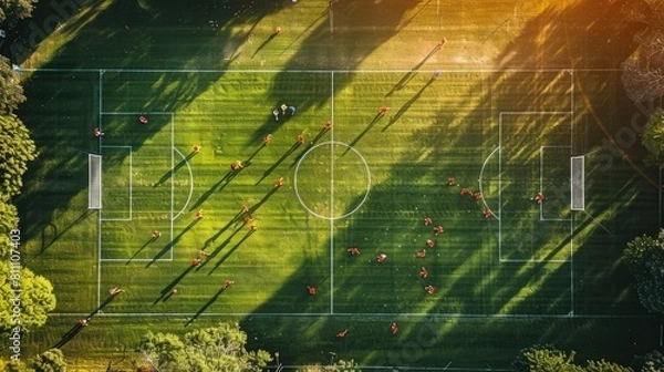 Fototapeta Aerial view of a soccer field bathed in sunlight, with lush green grass and neatly drawn white boundary lines