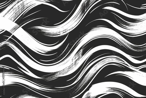 Fototapeta black and white background, Wavy and swirled brush strokes vector seamless pattern. Bold curved lines and squiggles ornament