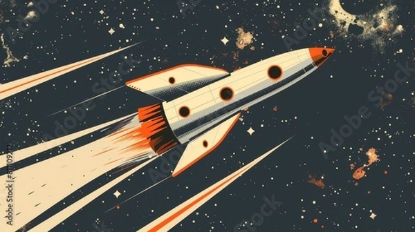 Fototapeta A retro-style poster featuring a classic rocket design, reminiscent of 1950s space exploration themes.