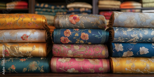 Fototapeta Pile of Asian Cotton Fabrics with Floral Patterns and Embroideries - Colorful Textile Display