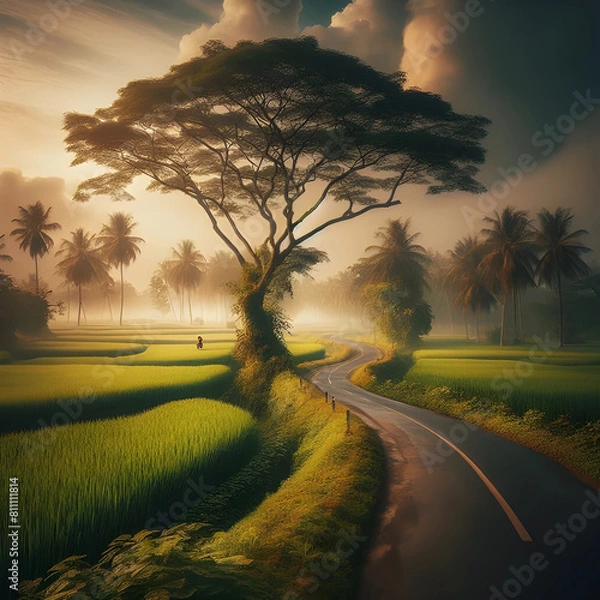 Obraz 
A road with trees and rice fields