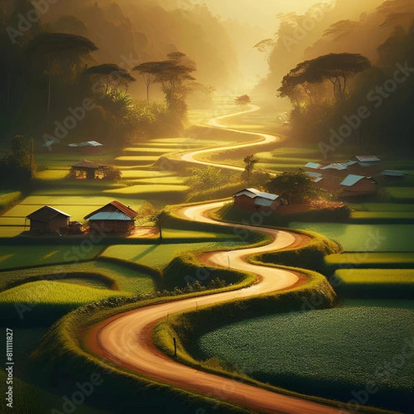 Obraz 
A road with trees and rice fields
