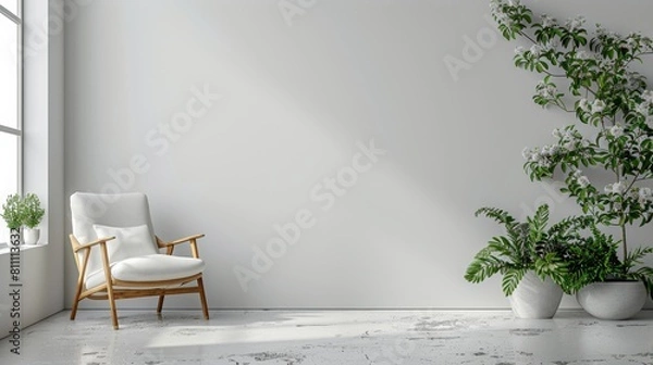 Fototapeta The image shows a minimal living room with a white armchair, potted plants, and a large window. The room is bright and airy with a modern, minimalist aesthetic.