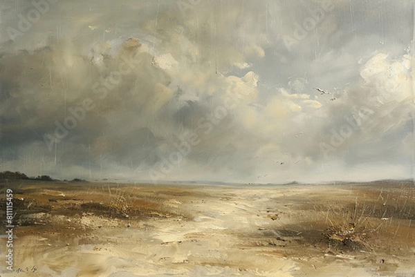 Fototapeta Oil painting, of a corn field, muted and subtle antique tones, moody and tranquil atmosphere, rustic simplicity and impressionism, impasto brush strokes, minimalistic, vintage cloudy and moody, medite