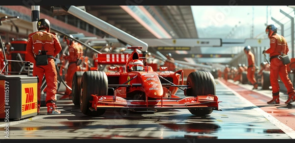 Fototapeta A red Formula One car in a pit stop with a racing crew