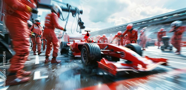 Fototapeta A red Formula One car in a pit stop with a racing crew