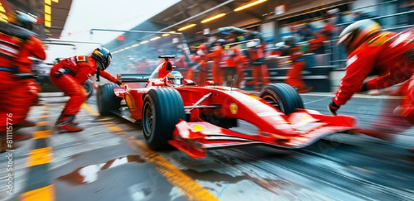 Fototapeta A red Formula One car in a pit stop with a racing crew