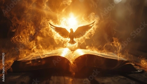 Fototapeta A white dove is flying over an open book by AI generated image