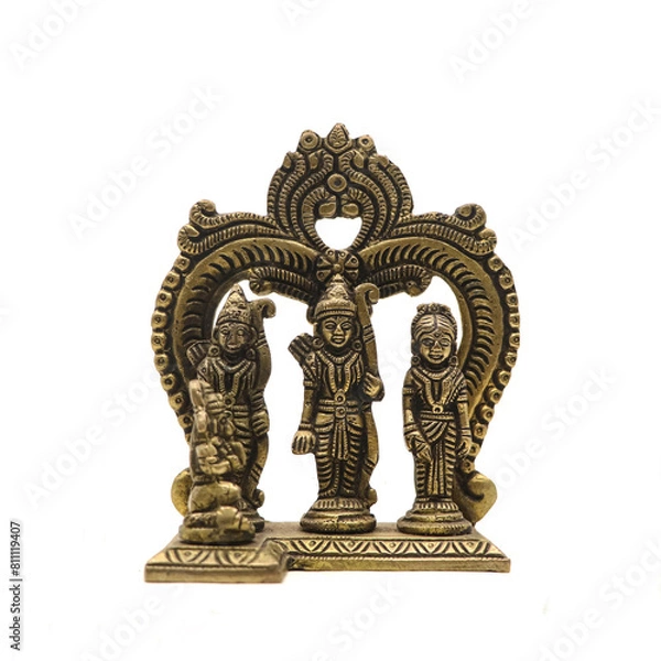 Fototapeta brass handcrafted statue of ram darbar with lord ram lakshman and sita devi along with hanuman isolated in a white background