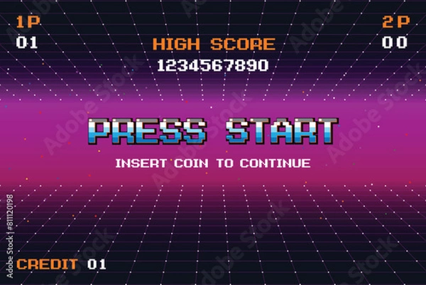 Fototapeta PRESS START INSERT A COIN TO CONTINUE .pixel art .8 bit game. retro game. for game assets .Retro Futurism Sci-Fi Background. glowing neon grid. and stars from vintage arcade computer games