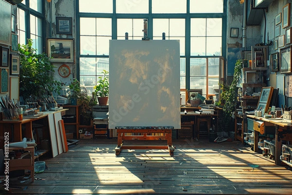 Obraz 
extreme close up, Analog color photography, taken on Canon AE-1, of a blank sheet of paper on an artist workshop table, art supplies around, morning soft light, with exclusive finishes and minimalist