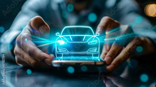 Fototapeta Male hands with phone and digital car icon above it. Buy or rent auto online. Call a cab. Technology in transportation