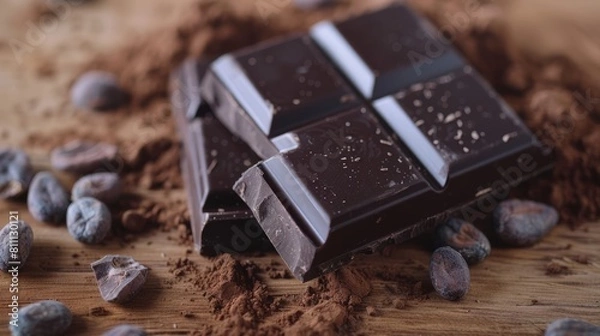 Fototapeta Dark chocolate with images of antioxidant-rich cocoa beans, heart-healthy cocoa powder, and elegant dark chocolate bars, promoting the nutritional value of chocolate on World Chocolate Day