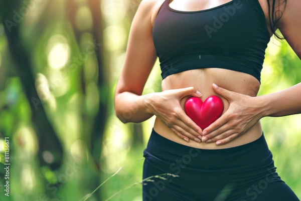 Fototapeta Woman hand's with heart over stomach concept for exercise, diet, fitness, gut health and self love for wellness and training in the summer for healthy workout outside.