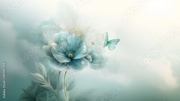 Fototapeta Turquoise flower and a green butterfly flying, in watercolor art style，design resource for wallpaper, illustration, book, book mark, card, post card, website