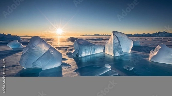 Fototapeta Icebergs from nearby glacier float in ice lagoon on its way to the sea, Iceland, Polar Regions