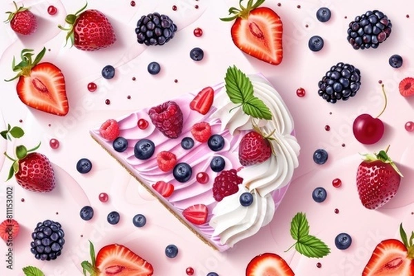 Fototapeta Delicious piece of cake topped with whipped cream and fresh berries. Great for bakery or dessert concepts