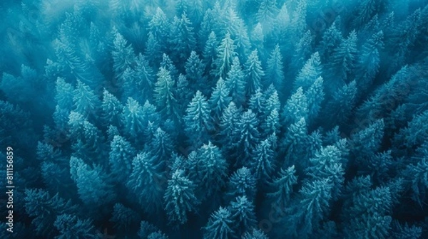 Fototapeta Imagine a mesmerizing aerial perspective of a vast pine forest blanketed in slate blue mist, evoking a sense of mystery and tranquility, with hints of unseen wildlife