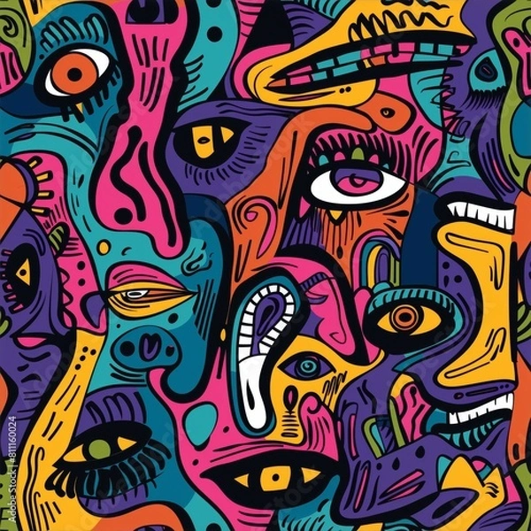 Fototapeta This bold seamless pattern featuring a series of playful, colorful faces is a celebration of diversity and human emotions in art form