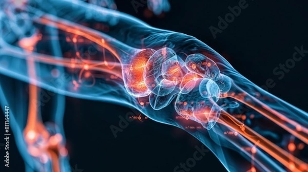 Fototapeta human joint in a close up shot, with glowing red and blue elements around it