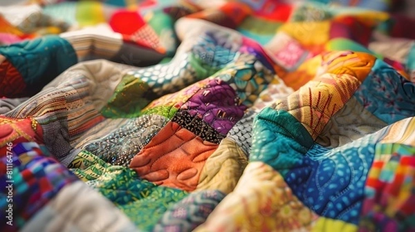Obraz Colorful handmade patchwork quilt close-up - a cozy, artistic textile background