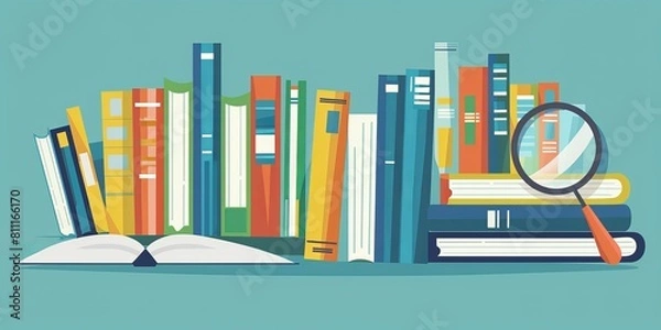 Fototapeta A stack of books with a magnifying glass on top. Concept of curiosity and exploration