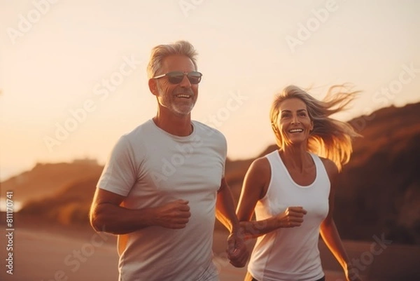 Obraz Jogging workout. Middle aged couple during jogging workout on the beach at sunset. Keeping fit in any age.