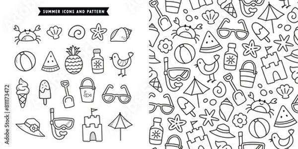 Obraz Cute fun summer line art beach trip vacation holiday black and white vector icons and seamless pattern
