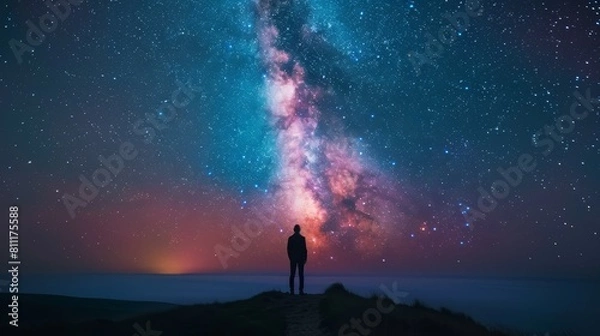 Fototapeta Man standing on top of a hill and watching the Milky Way.