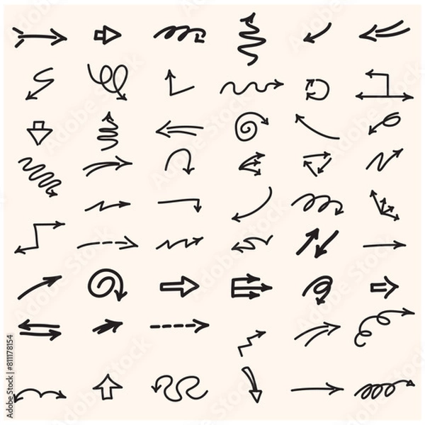Fototapeta Vector set of hand-drawn arrows with style doodle and line art