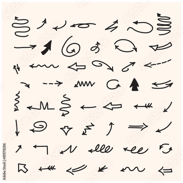 Fototapeta Vector set of hand-drawn arrows with style doodle and line art