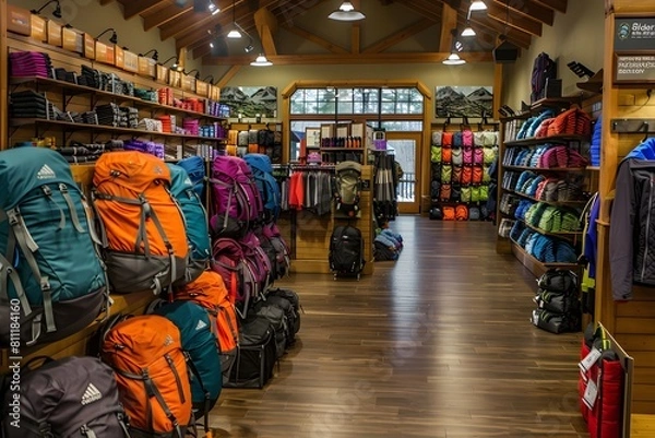 Fototapeta The inner bag section of a store that sells adventure, traveling, and hiking gear