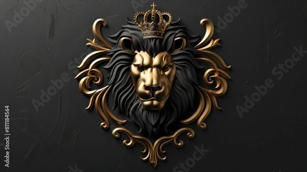 Fototapeta Majestic golden lion wearing a crown, symbolizing power and royalty. Suitable for various design projects