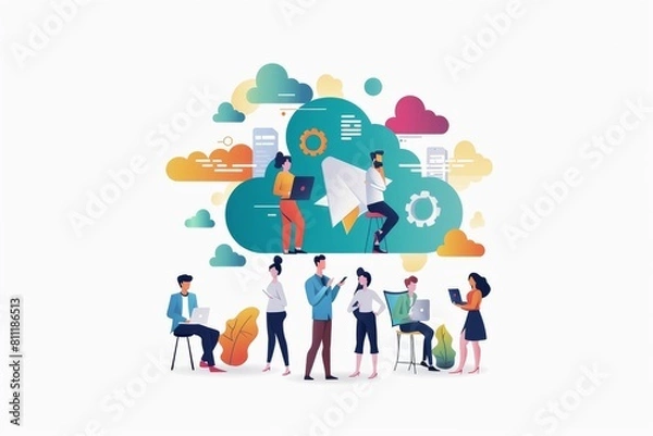 Fototapeta Cutting edge teamwork concepts in cloud computing develop leadership skills through synchronization,ed by service technology and team process integration.