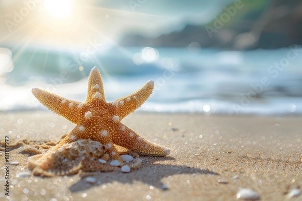 Fototapeta beach background with sand and sea, featuring a single starfish on the shore, creating an atmosphere of summer vacation and relaxation. Travel designs, social media posts, advertising images. 