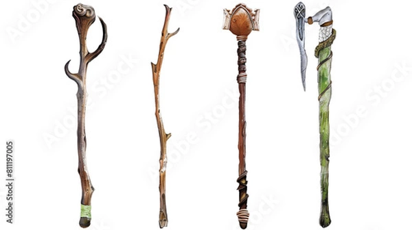 Fototapeta Wizards' staffs depicted in four different, isolated on transparent background