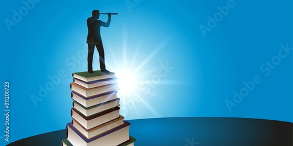 Fototapeta Concept de la réussite basé sur la connaissance, avec le symbole d’un homme debout sur une pile de livres, qui regarde l’horizon au travers d’une longue vue.
