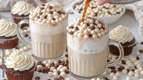Fototapeta   A cup of hot chocolate and marshmallows is being poured into another cup of the same, resulting in two cups of hot chocolate with marshmallows