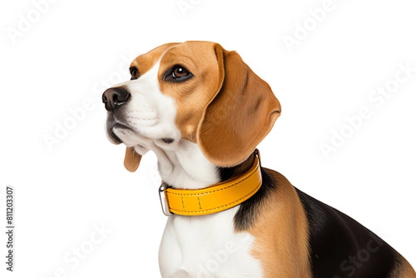 Fototapeta A cute beagle wearing a yellow collar is looking up with a curious expression on its face.