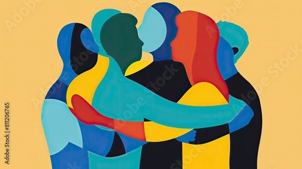 Fototapeta group of people hugging illustration in silhouettes and bold colors. The background is deep yellow. image illustrates togetherness