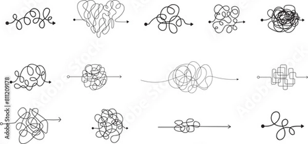 Fototapeta Messy scribble arrow lines. Chaotic doodle line ravel tangle, hand drawn confused messy knot