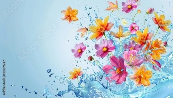 Fototapeta colorful flowers and water splash on a light blue background Generative AI