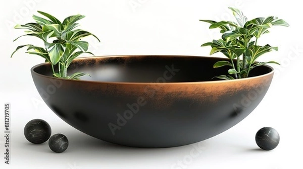 Fototapeta A large, round, metallic bowl with a dark patina sits on a white surface
