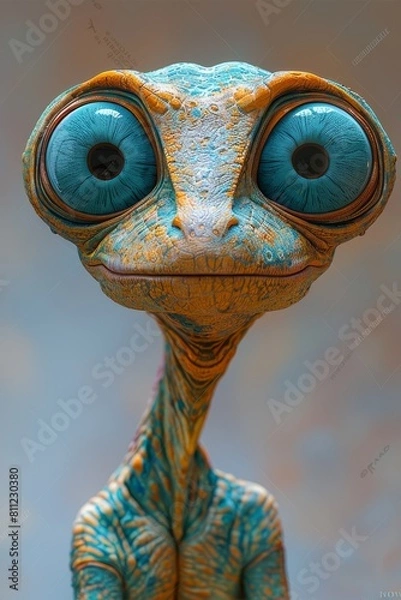 Obraz The 3D rendered gecko on an isolated pastel yellow background has cheerful blue bulging eyes and a friendly happy expression on its face making it an ideal image for a variety of commercial uses