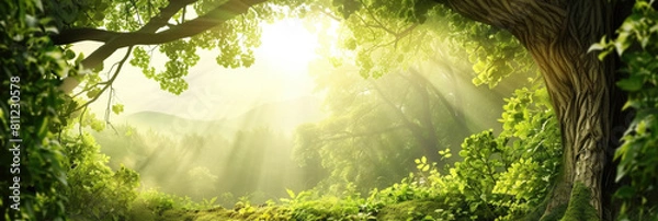 Fototapeta A dense, green forest filled with numerous trees stretching as far as the eye can see