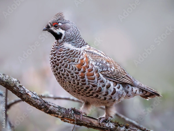 Obraz Hazel grouse perching on a wood branch. Close-up