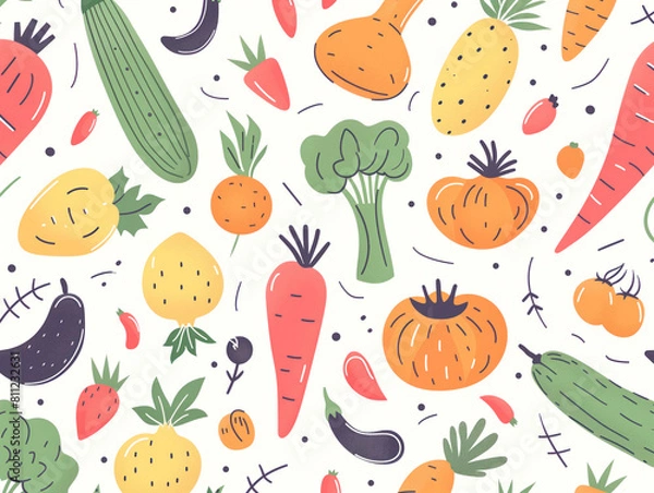 Fototapeta Adorable hand-drawn vegetable cartoon pattern in fresh colors for fabric, paper, apron, logo, stickers, crafts. Ideal for all your creative projects.